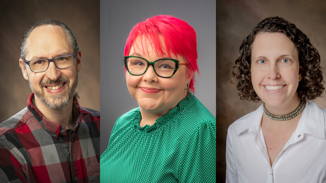 Headshots of each of the promoted Librarians, Ken Irwin, Megan Jaskowiak, and Carla Myers